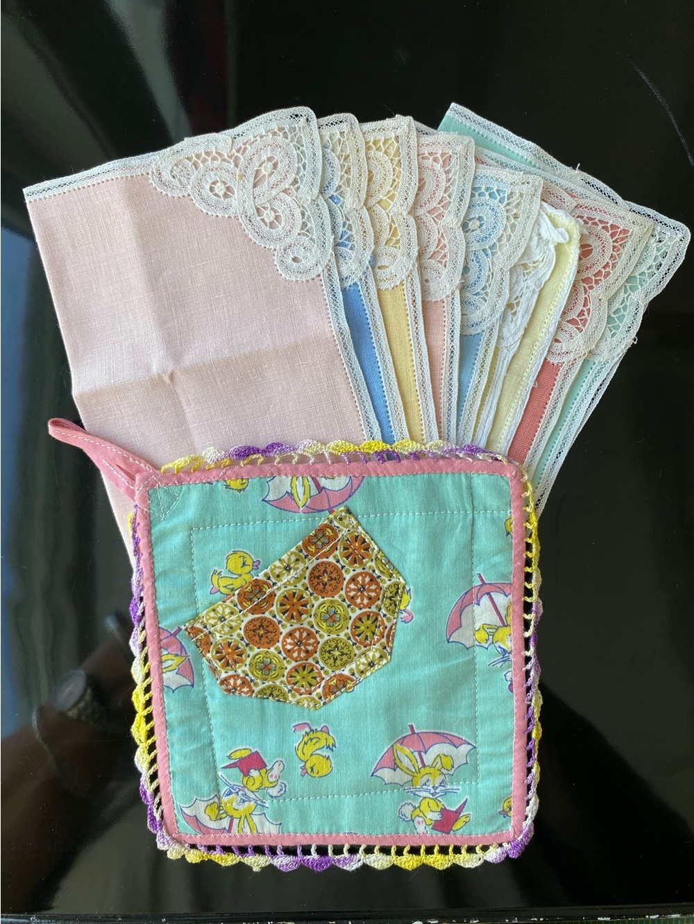 Stunning (8) Vintage Cocktail Napkins with Vintage Handmade Potholder.